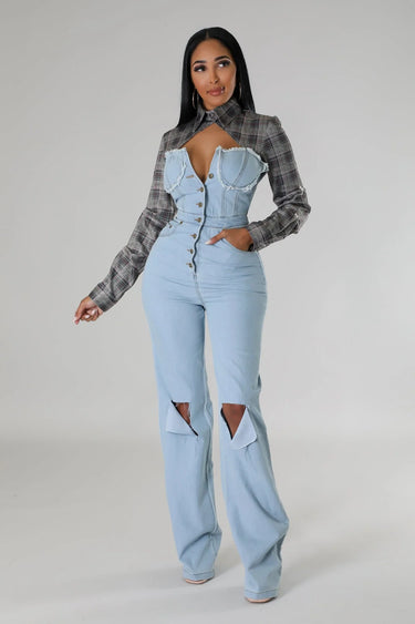 Hues Of Love Denim Jumpsuit with Stretch & Contrast Detail - front view