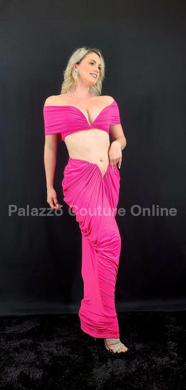 Ruched crop top with matching high-waist skirt in fuchsia
