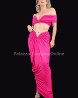 Fuchsia ruched skirt set with off-shoulder crop top