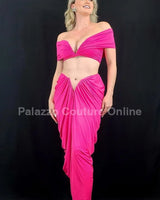 I Dream of Genie Ruched Skirt Set – Fuchsia Ruched Skirt Set close up of matching top design and fabric