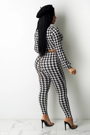 I Said So Pant Set with Houndstooth Print close up of print top design and fabric detail