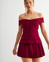 Iconic Hour Pleated Skirt Set - Burgundy front view showing complete two piece skirt set