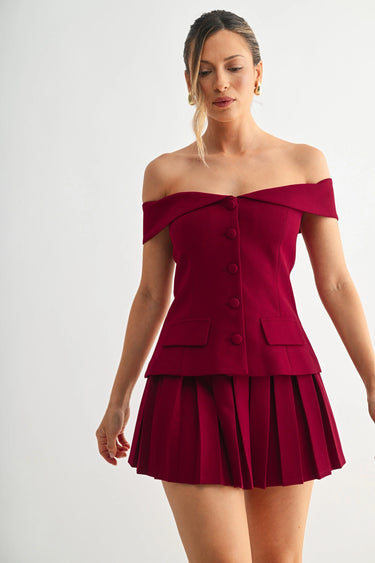 Iconic Hour Pleated Skirt Set - Burgundy close up of pleated top design and fabric