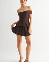 Iconic Hour Pleated Skirt Set - Chocolate front view showing complete two piece skirt set