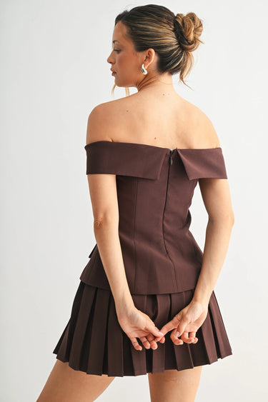 Iconic Hour Pleated Skirt Set - Chocolate side view showing skirt silhouette and fit