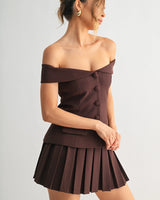 Iconic Hour Pleated Skirt Set - Chocolate close up of pleated top design and fabric