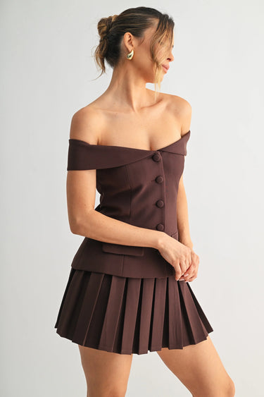 Iconic Hour Pleated Skirt Set - Chocolate close up of pleated top design and fabric