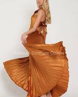 Idalia New Year’s Eve Princess Maxi Dress (Golden Camel) alternate angle showcasing dress movement and drape