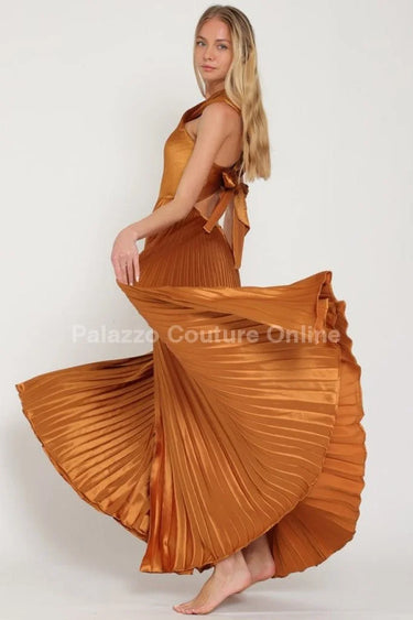 Idalia New Year’s Eve Princess Maxi Dress (Golden Camel) alternate angle showcasing dress movement and drape
