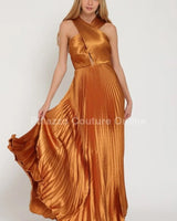 Idalia New Year’s Eve Princess Maxi Dress (Golden Camel) close up detail of elegant design and fabric