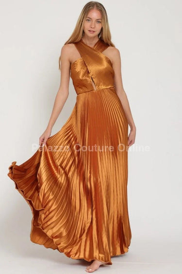 Idalia New Year’s Eve Princess Maxi Dress (Golden Camel) close up detail of elegant design and fabric