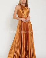 Idalia New Year’s Eve Princess Maxi Dress (Golden Camel) side view highlighting floor-length hemline