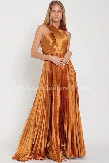 Idalia New Year’s Eve Princess Maxi Dress (Golden Camel) side view highlighting floor-length hemline