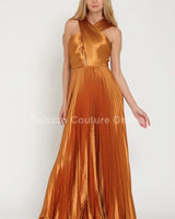 Elegant Golden Camel elegant maxi dress on model styled for evening event
