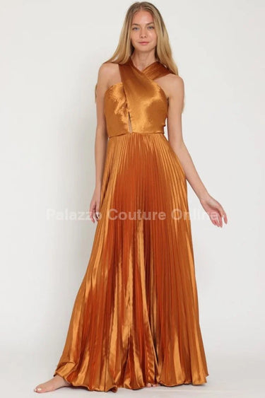 Elegant Golden Camel elegant maxi dress on model styled for evening event