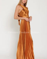 Idalia New Year’s Eve Princess Maxi Dress (Golden Camel) full body look paired with heels and statement jewelry