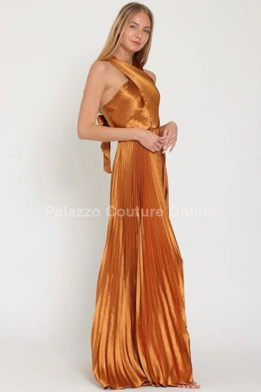 Idalia New Year’s Eve Princess Maxi Dress (Golden Camel) full body look paired with heels and statement jewelry