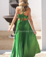 Idalia New Year’s Eve Princess Maxi Dress (Green) full body look paired with heels and statement jewelry