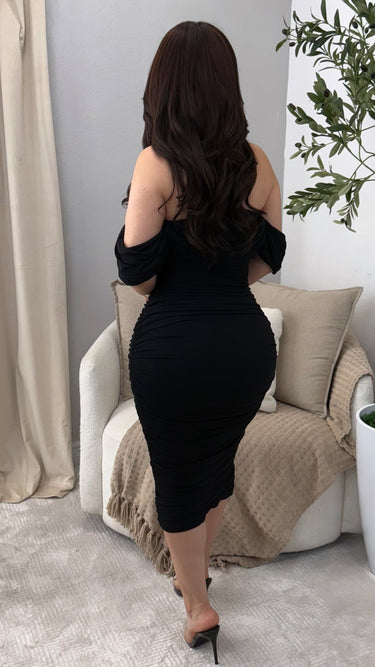 I’m Sexy Ruched Off - The Shoulder Black Midi Dress - Palazzo Couture Online
