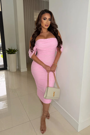 I’m sexy Ruched Off-The Shoulder Midi Dress Pink front view showing full midi length silhouette