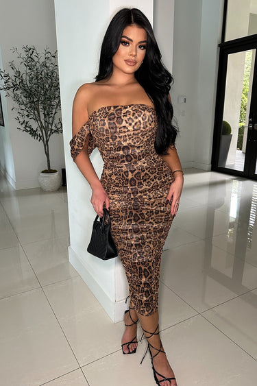 I’m Sexy Ruched Off - The Shoulder Print Midi Dress - Palazzo Couture Online