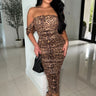 I’m Sexy Ruched Off-The Shoulder Print Midi Dress front view showing full midi length silhouette
