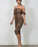 I’m Sexy Ruched Off-The Shoulder Print Midi Dress side view highlighting midi hemline