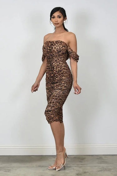 I’m Sexy Ruched Off-The Shoulder Print Midi Dress side view highlighting midi hemline