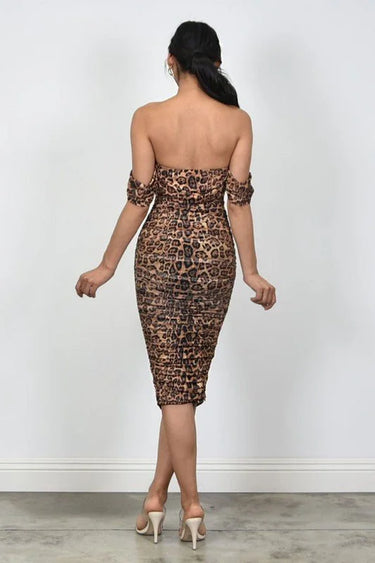 Elegant The Shoulder Print ruched midi dress on model styled for evening