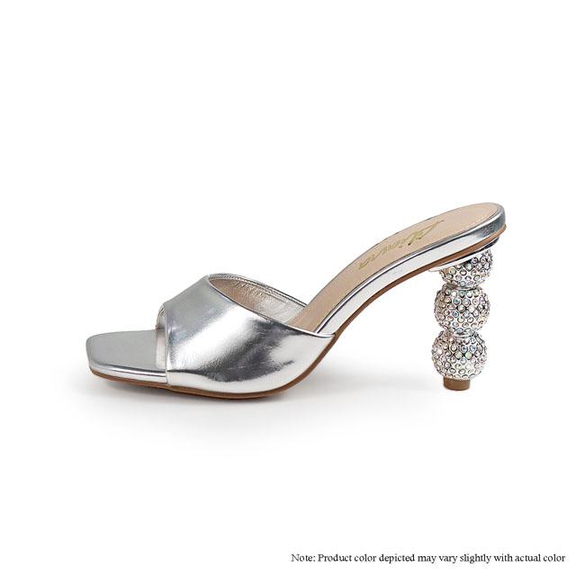 Rhinestone Ball Heel Slide Sandals (Silver)