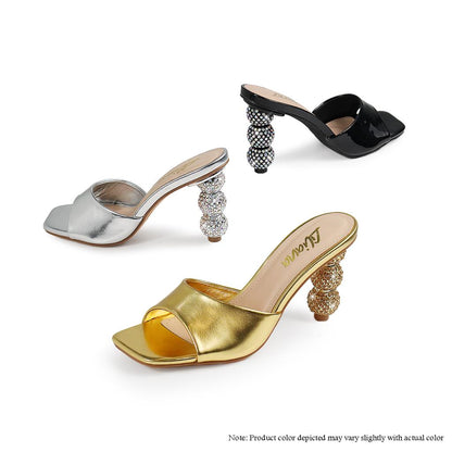 Rhinestone Ball Heel Slide Sandals (Gold)