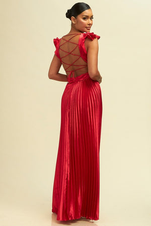 Ruffle Pleated Maxi Dress (Red)