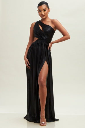 One Shoulder Pleated Gown Maxi Dress (Black)