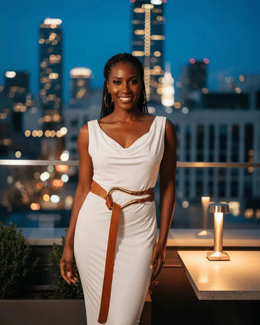 Imperial Brown Waist Belt with Curved Metallic Detail - women's statement waist belt accessory