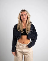 Impossible Cropped Denim Jacket with Graphic Art - women's fashion jacket