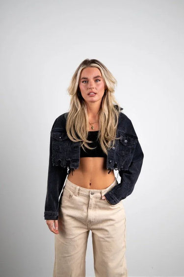 Impossible Cropped Denim Jacket with Graphic Art - women's fashion jacket