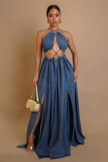 Indigo Allure Cut - Out Maxi Dress - Denim - Palazzo Couture Online