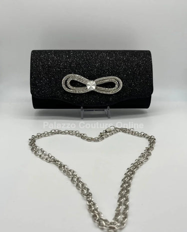 Infinity Glitter Black Bow Clutch with Rhinestone Accent - stylish purse for going out