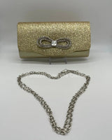 Infinity Glitter Gold Bow Clutch with Rhinestone Accent - stylish purse for going out