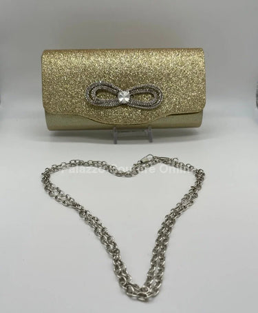 Infinity Glitter Gold Bow Clutch with Rhinestone Accent - stylish purse for going out