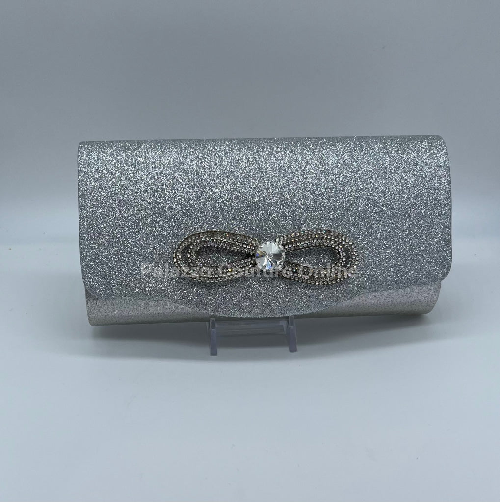 Infinity Glitter Rhinestone Bow Clutch (Silver) Hand Bag