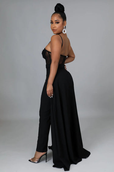 I’m So Into You Black Jumpsuit with Lace and Sheer Bodice Detail - elegant jumpsuit for parties and events