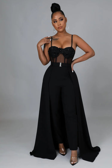 I’m So Into You Black Jumpsuit with Lace and Sheer Bodice Detail - women's one-piece outfit for going out