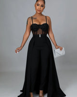 I’m So Into You Black Jumpsuit with Lace and Sheer Bodice Detail for women - stylish jumpsuit by Palazzo Couture