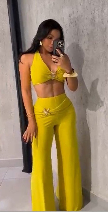 Isla Starfish Halter Pant Set - Chartreuse - Palazzo Couture Online
