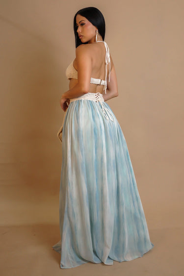 Island Bloom Crochet Maxi Dress – Bluenatural close up detail of crochet design and fabric