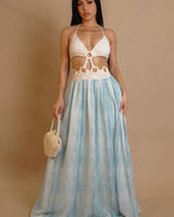 Island Bloom Crochet Maxi Dress – Bluenatural front view showing full-length maxi silhouette