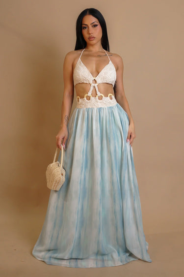Island Bloom Crochet Maxi Dress – Bluenatural front view showing full-length maxi silhouette