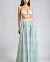 Island Bloom Crochet Maxi Dress – Bluenatural side view highlighting floor-length hemline