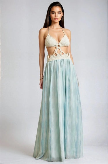Island Bloom Crochet Maxi Dress – Bluenatural side view highlighting floor-length hemline